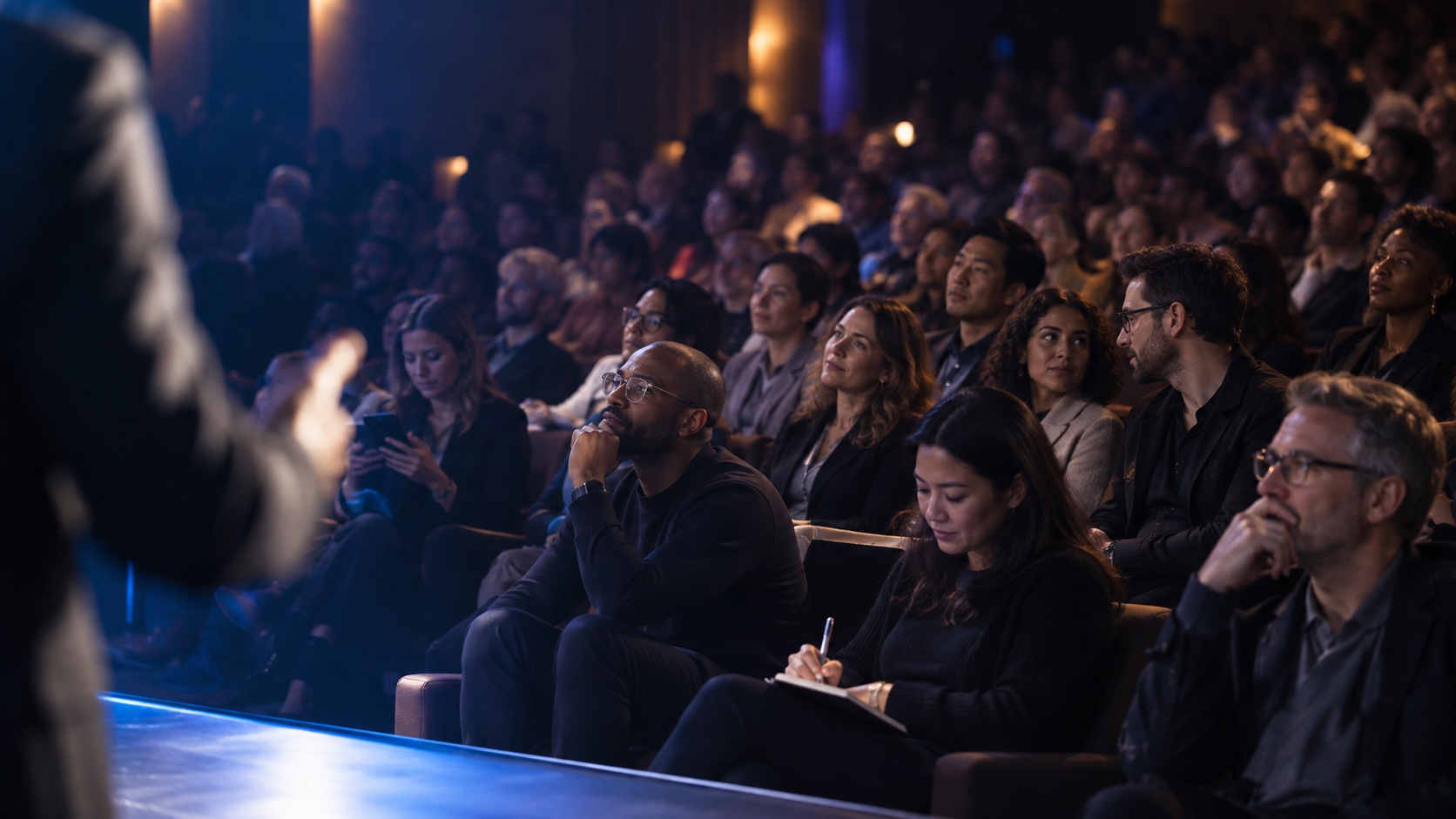 A presenter remains out of focus at the edge of a stage while an audience listens, takes notes, and exchanges thoughtful reactions in warm and blue light