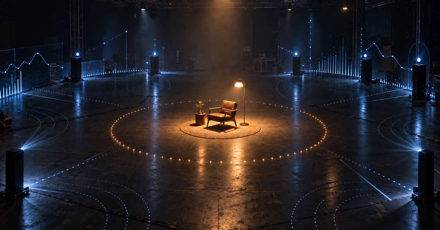 A leather chair and warm floor lamp protected inside a circle of light while cool blue measurement projections surround a dark event room