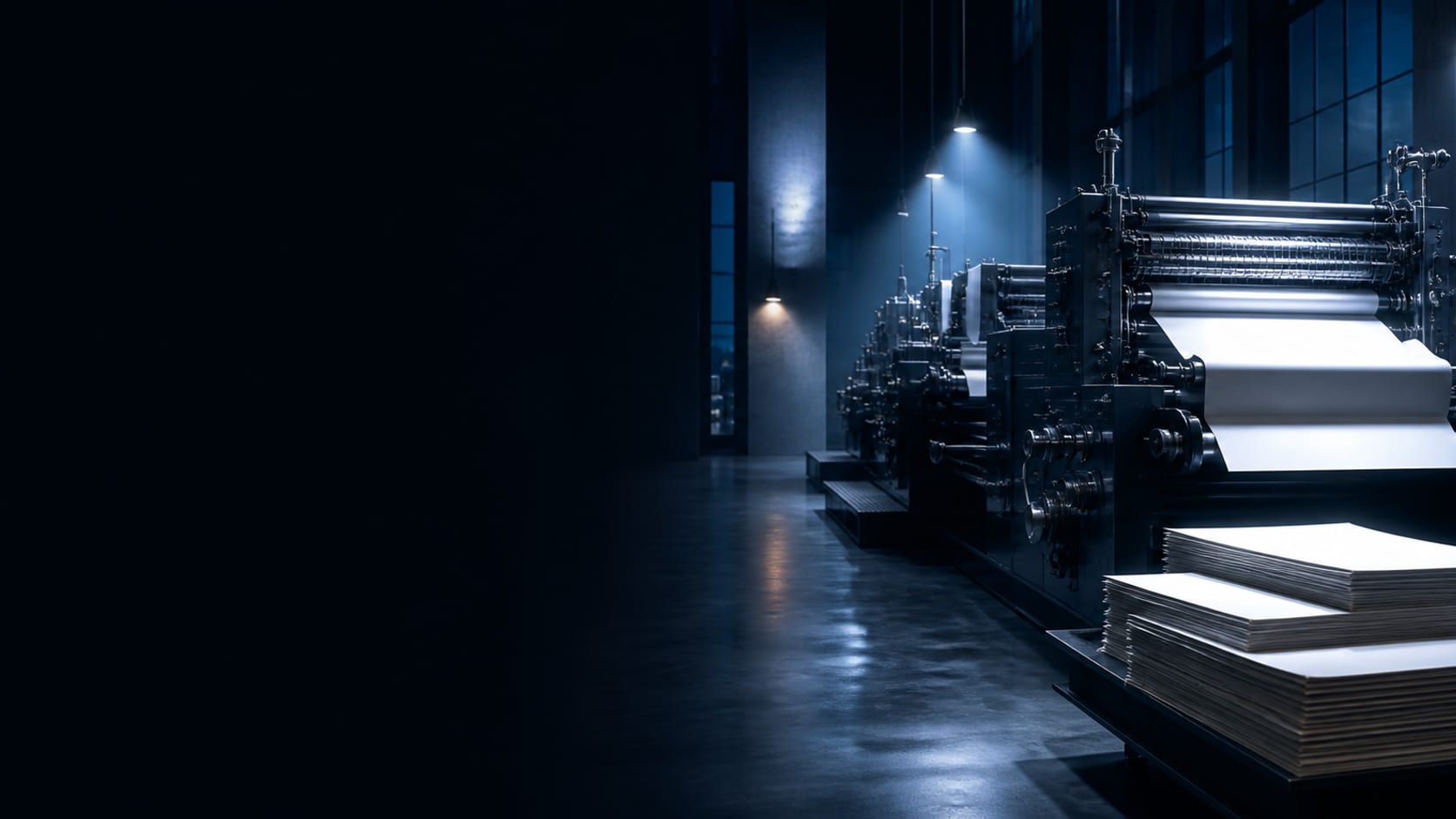 Industrial printing presses feeding clean sheets of paper