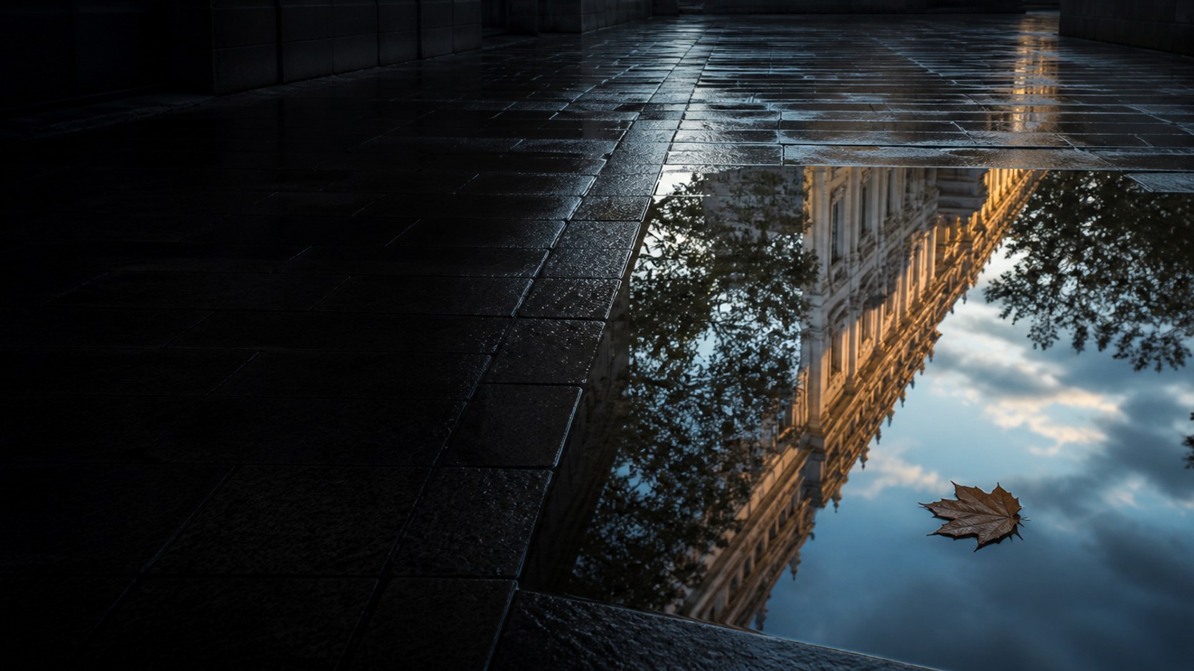 A rain-darkened courtyard with a puddle reflecting an illuminated building, trees, and evening sky