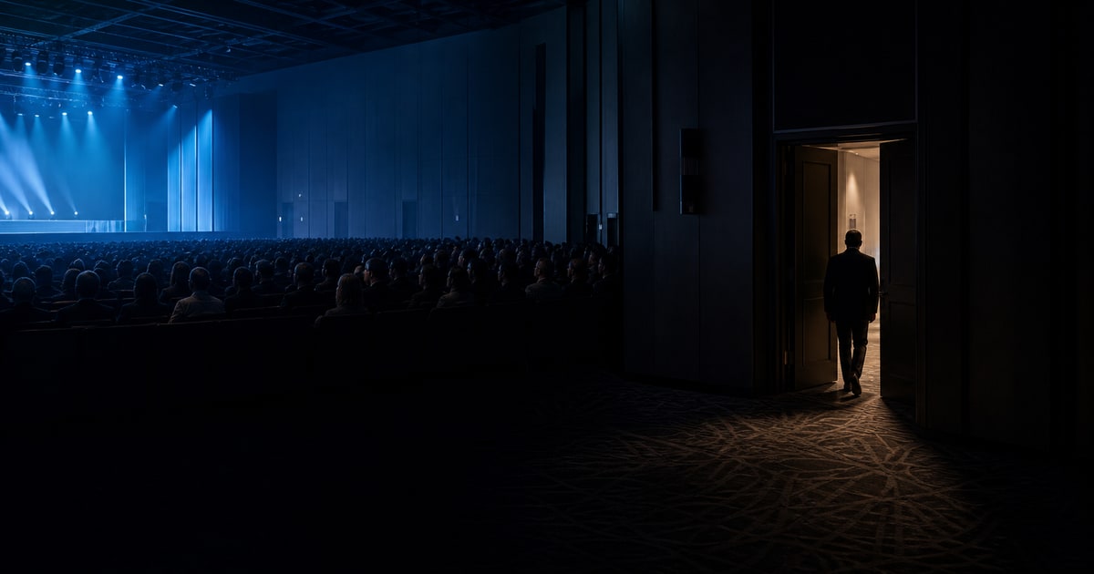 An audience member leaving a large live event through a side door while the program continues