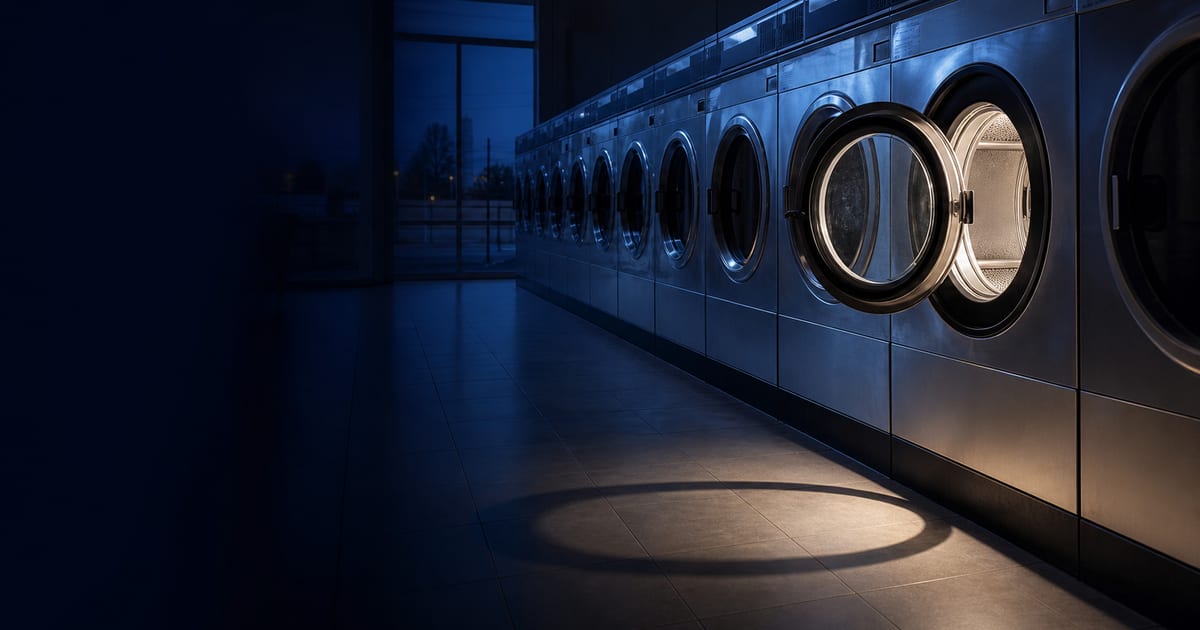 A quiet laundromat at blue hour where one open washing machine door interrupts a precise row of circular forms