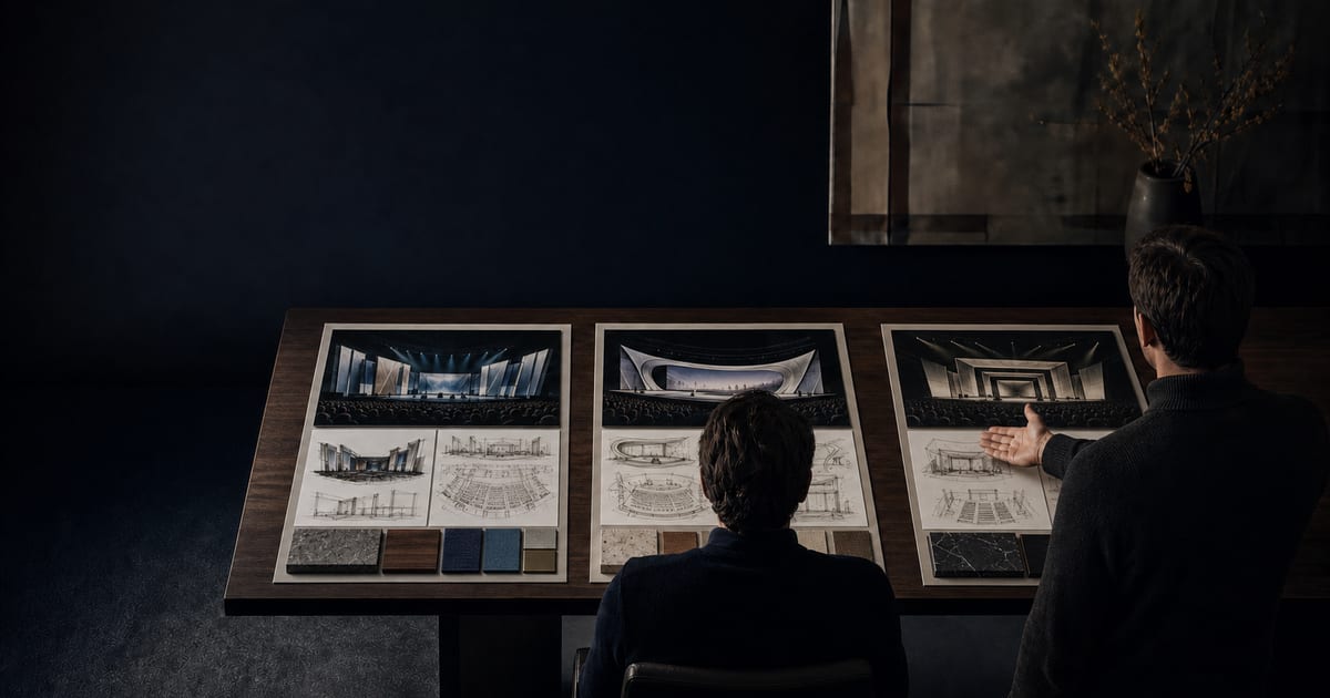 A creative professional presenting three competing corporate event stage concepts to a seated client