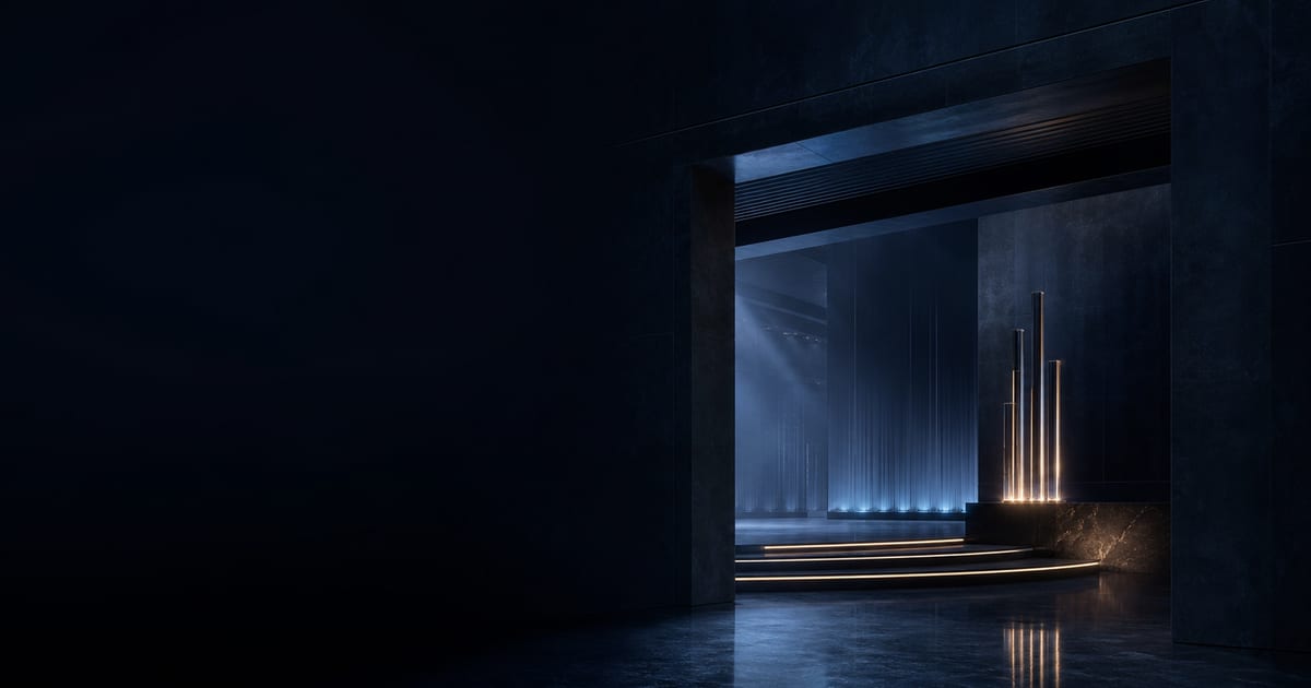 A restrained premium event environment with dark stone, controlled blue light, and a warm architectural accent