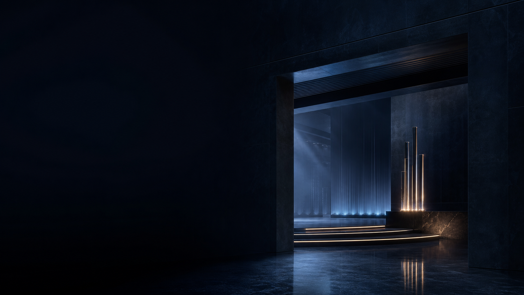 A restrained premium event environment with dark stone, controlled blue light, and a warm architectural accent