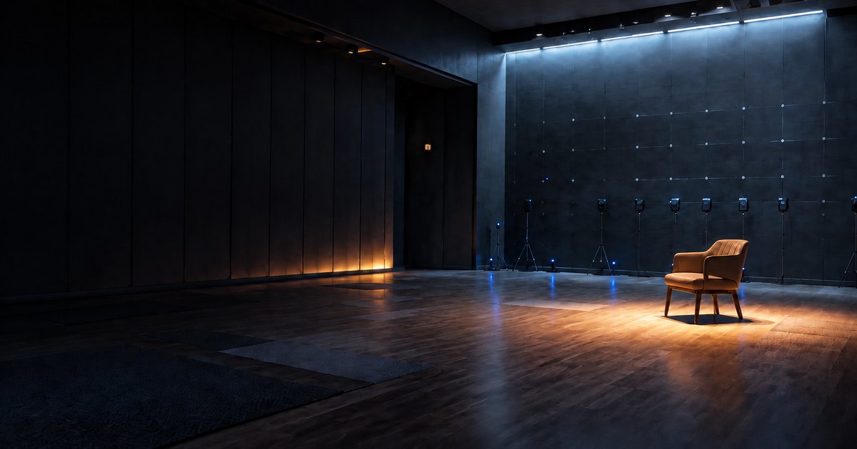 An empty immersive event room with one chair held in warm light while a restrained row of measurement sensors waits in the shadows