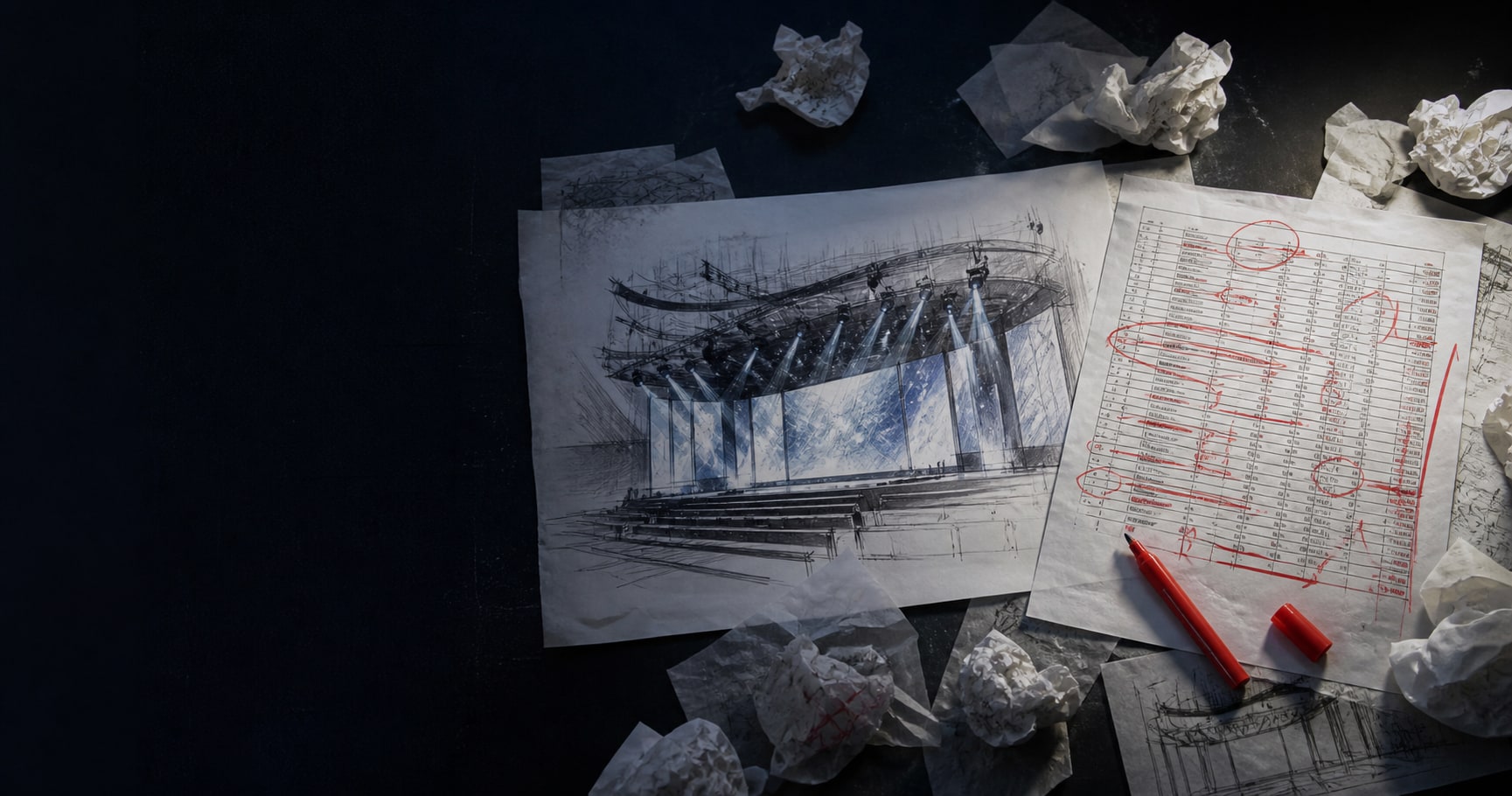 An ambitious corporate event stage rendering beside a budget spreadsheet covered in red revisions and surrounded by discarded paper