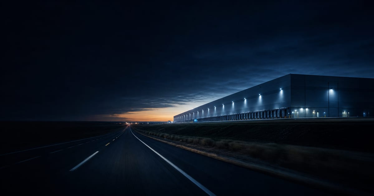 A long Texas highway passing a large warehouse at blue hour