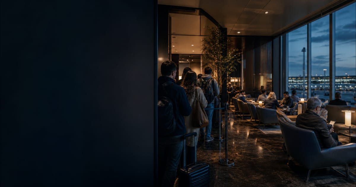 Travelers waiting to enter a crowded premium airport lounge at dusk