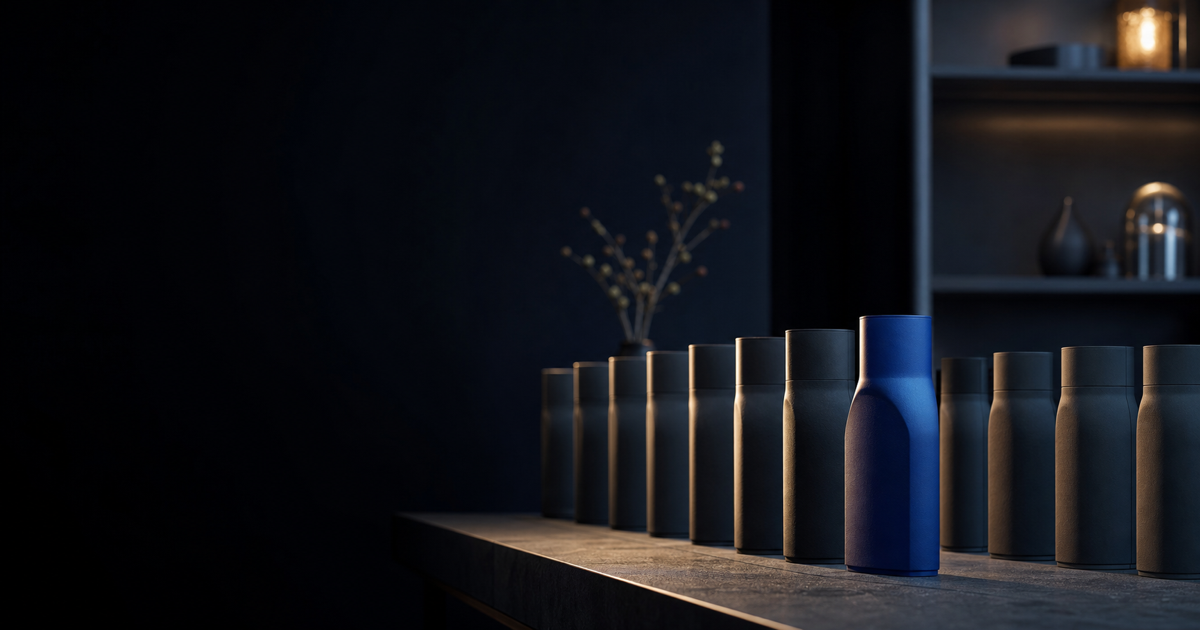 A row of understated charcoal product forms in a dark design studio, with one cobalt blue form standing apart under warm light