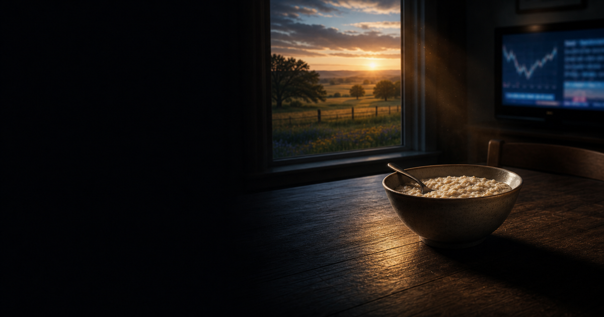 A sunrise view through a window over the Texas countryside, with oatmeal and black coffee on the table and a financial news broadcast on a television in the background