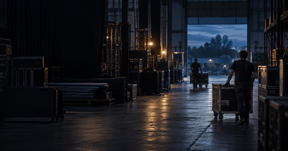Two event-production workers moving road cases through a dark warehouse at blue hour