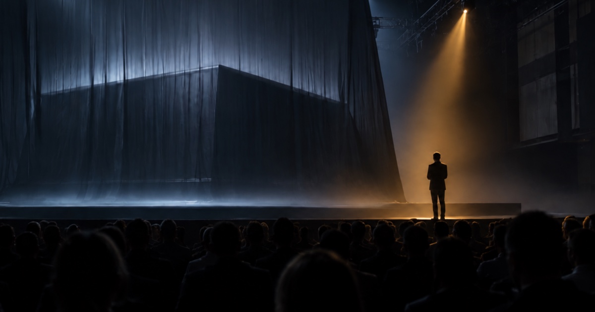 A presenter waiting before a concealed product reveal in a dark auditorium filled with an attentive audience
