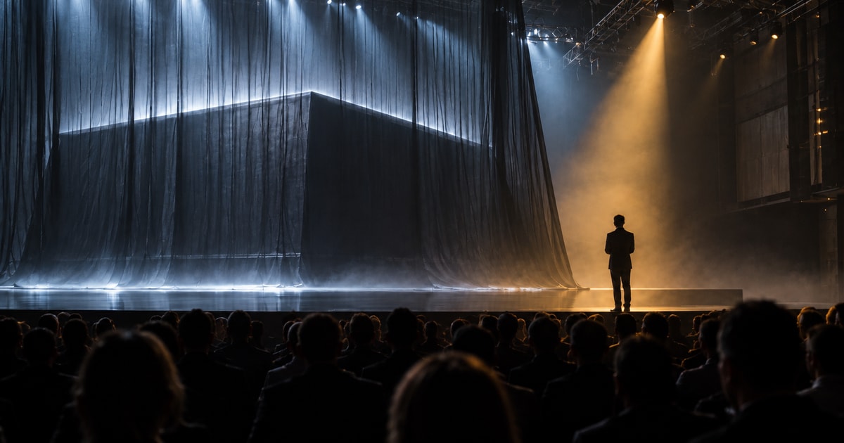 A presenter waiting before a concealed product reveal in a dark auditorium filled with an attentive audience