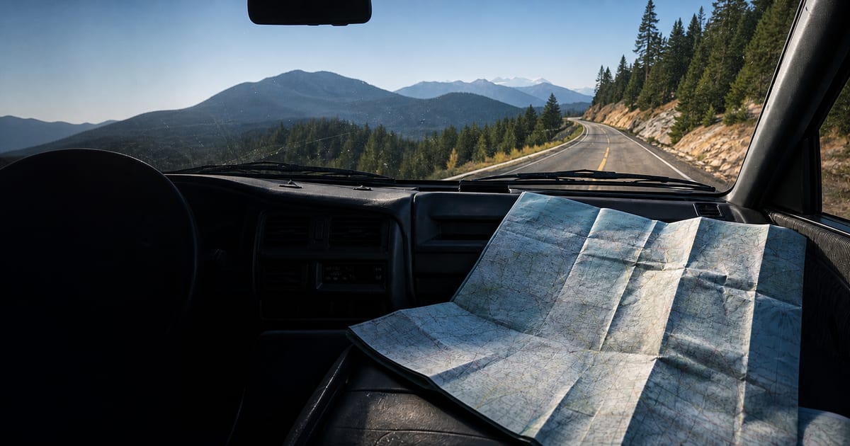 An unfolded paper road map inside a vehicle overlooking an unfamiliar mountain road in daylight