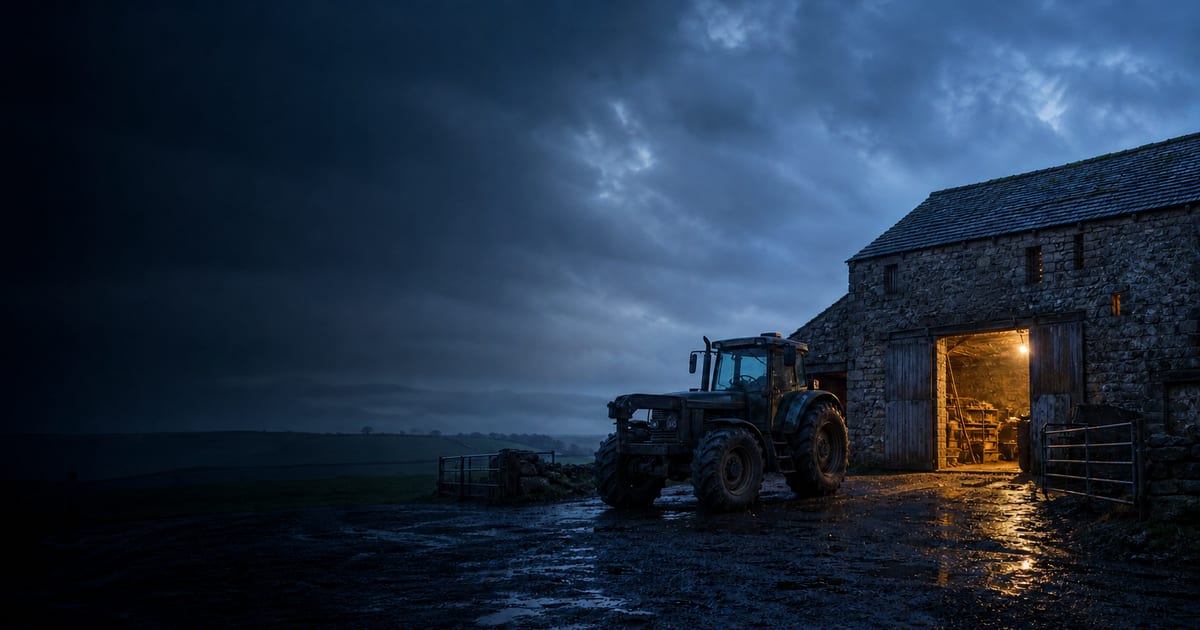 A tractor outside a warmly lit stone barn on a rain-soaked English farm at blue hour