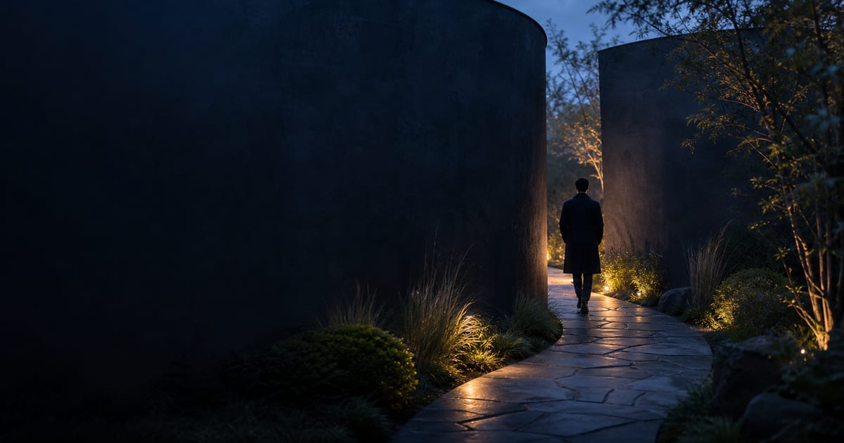 A visitor following a carefully designed garden path whose destination remains hidden beyond a curved wall
