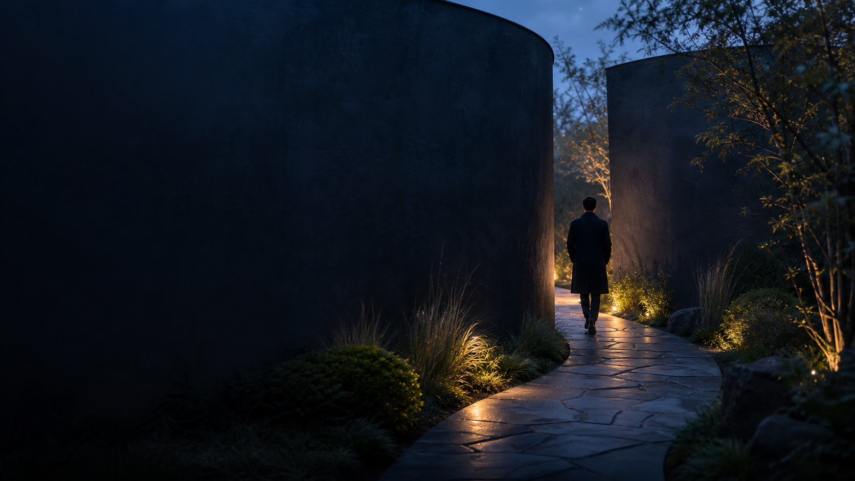 A visitor following a carefully designed garden path whose destination remains hidden beyond a curved wall
