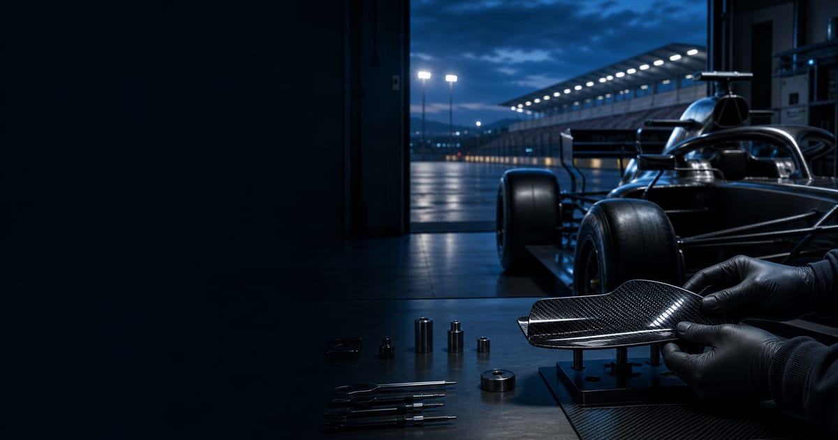 An unbranded Formula-style race car and a technician aligning a carbon-fiber component inside a precise pit garage at blue hour